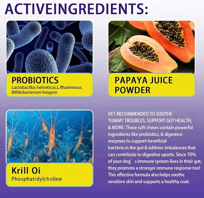 Probiotics for Dog 200 chews,Enzymes and Gut Support,Anti-Diarrhea,Promotes Digestive Health,Seasonal Allergies,Immune System,Probiotics with Papaya, Pumpkin, and Krill Oil- Vet Approved