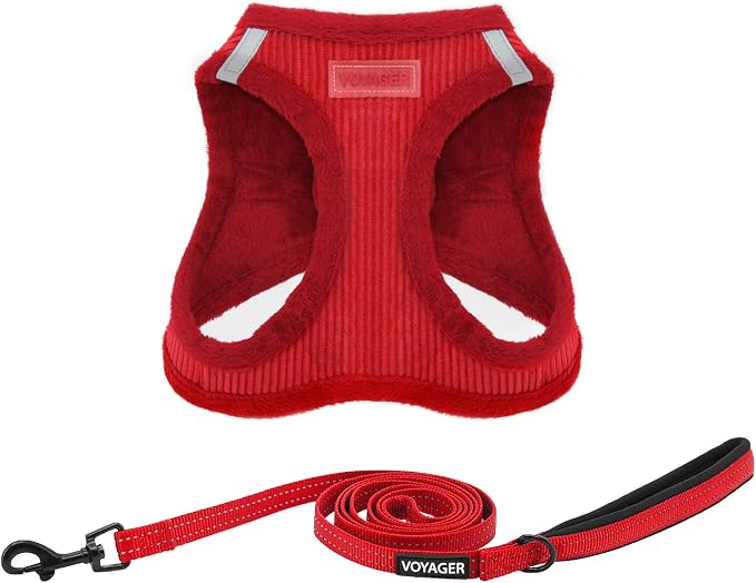Best Pet Supplies Voyager Step-in Plush Dog Harness - Soft, Step in Vest Harness and Reflective Dog 5 ft Leash Combo with Neoprene Handle for Small and Medium Dogs, Red Corduroy, XS