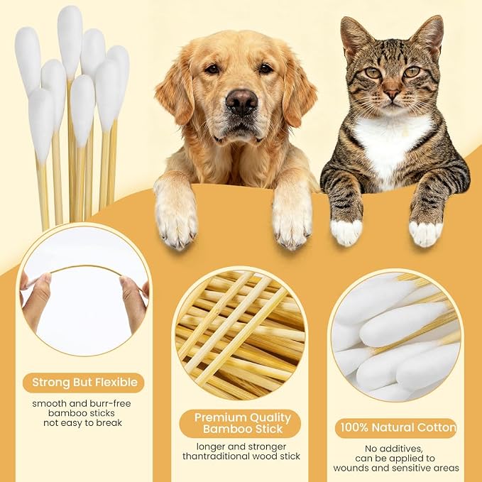300 PCS Large Cotton Swabs - 6 Inch Dog Ear Swabs with Bamboo Handle for Pet Care - Absorbency Soft Cotton Head, Gentle and Lint-Free, Specifically Designed for Pets, Dog Ear Cleaner Tool