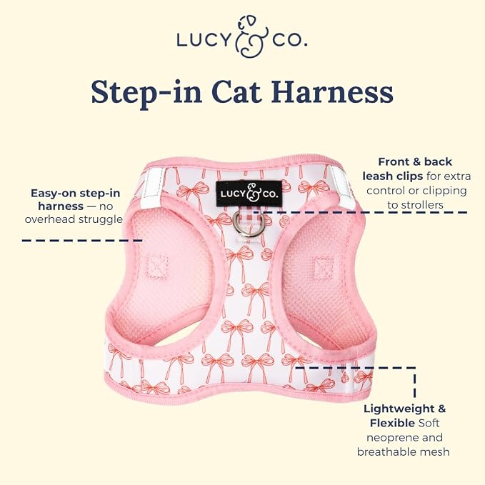 Lucy & Co. Take a Bow Step-in Cat Harness & Leash Bundle – Reflective, Breathable & Adjustable Harness for Cats, Kittens & Small Dogs, Lightweight & Secure and Dual Leash Clips – Medium