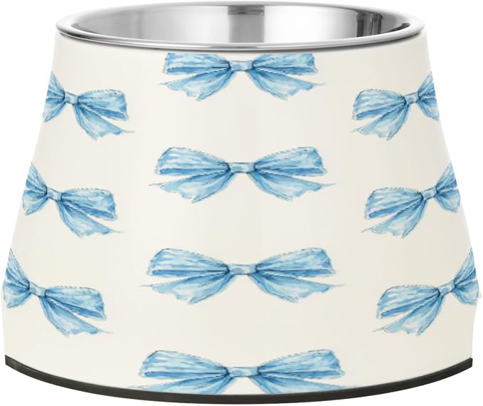 Blueangle Elevated Dog Bowls with Stainless Steel - Non-Slip 2.3 Cup High Capacity Pet Dish for Spinal Health & Watercolor Blue Bows Design（463）