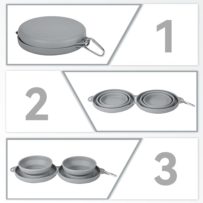 Collapsible Dog Water Bowl, 2-in-1 with Carabiner Clip, Grey