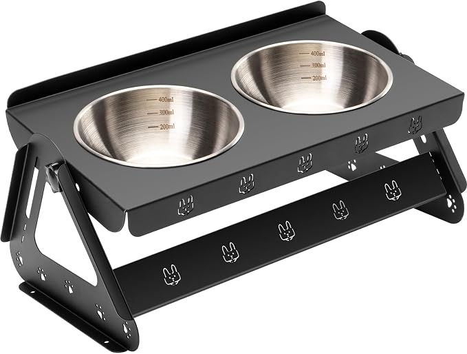JUNSPOW Elevated Dog Bowls with 2 400ml Stainless Steel Bowls for Small Medium Dogs Cats, 3.35''-6.3'' Height Adjustable and 15° Tilted Adjustment Raised Stand, Lifted Pet Food & Water Feeder