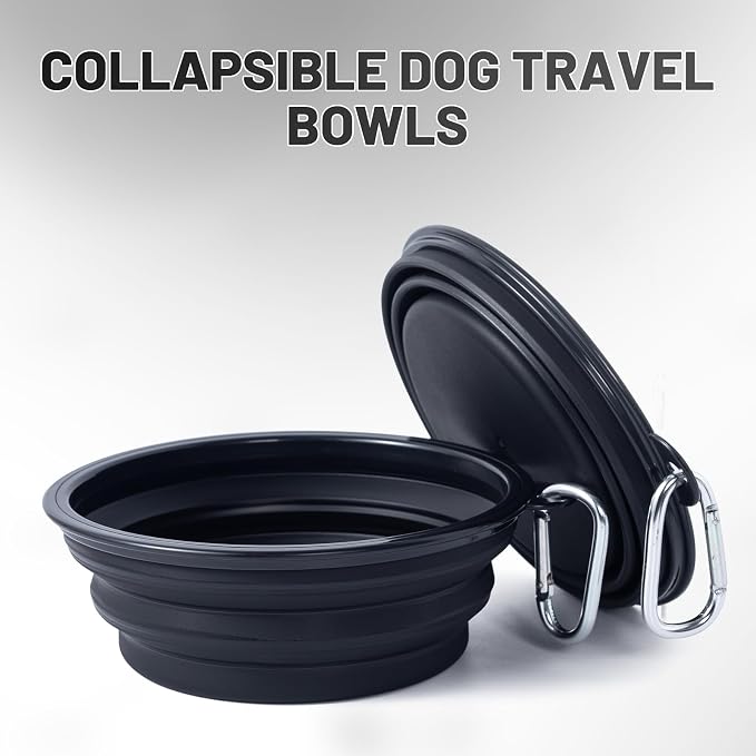 Dog Bowl Collapsible, 2 Pack, with Carabiners, Medium, Black+Black