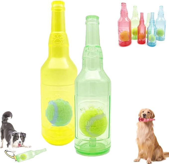 LELEBEAR Dogs Play Bottle Toy, Interactive Dog Chew Toy with Tennis Ball, Dog Toys Water Bottle Cruncher (Green+Yellow, Large: 9.64 * 2.95in)