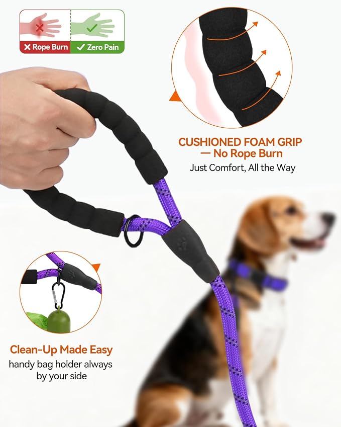 Joytale Rope Dog Leash for Small Dogs, Padded Handle, 6FT, Purple | Reinforced Nylon Webbing, Comfort Grip Eases Hand Strain, Swivel Clip Prevents Tangles, Visible at Night, for Outdoor Walks