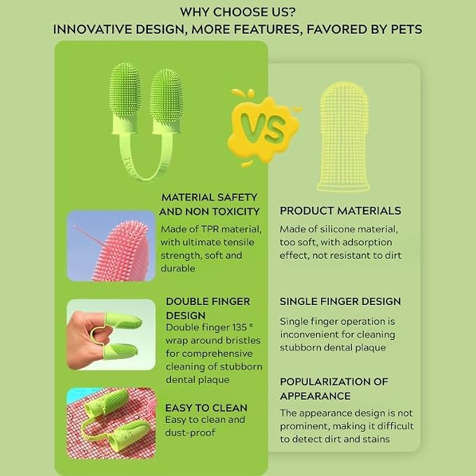 Double Finger Pet Toothbrush – Soft Silicone Dog & Cat Finger Toothbrush for Oral Cleaning – Gentle Dental Hygiene Tool for Puppies, Kittens, and Small Pets (Grass Yellow)