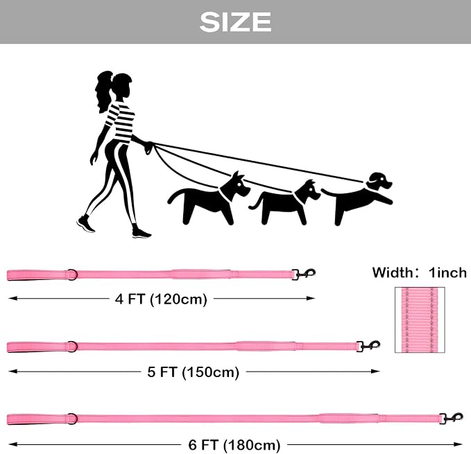 Joytale Dog Leash for Large Dogs that Pull, Double Handle, 6FT, Pink | Traffic Handle for Control, Padded Handle Reduces Hand Strain, Reflective Stitching for Night Safety, Strong Nylon Webbing