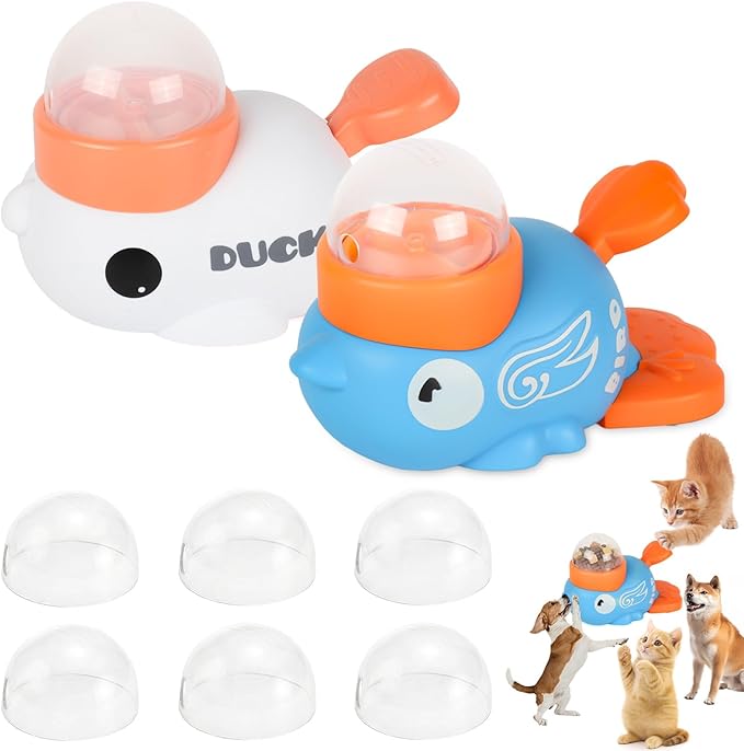 2-in-1 Duck Shaped Interactive Dog Toy Food Puzzle Slow Feeder (White/Blue Duck Shaped with Button), cat Snack Dispenser, Reduces Bloating in Small Animals, Dog Puzzle Feeder