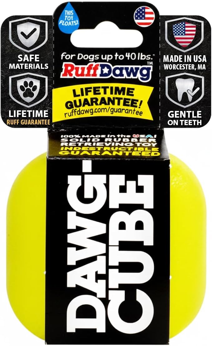 Ruff Dawg Cube Medium 2.5 Indestructible Dog Toy, Yellow – Heavy-Duty Rubber Fetch & Chew Toy for Aggressive Chewers – Erratic Bounce, Floats, BPA & Latex Free – Made in USA