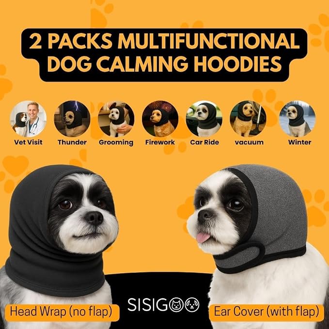2-Pack No Flap Ear Wraps for Dogs & Dog Ear Muffs – No Shake Ear Wrap + Noise Protection Earmuffs for Bath, Grooming & Drying – Anxiety Relief & Hematoma (Gray, S)