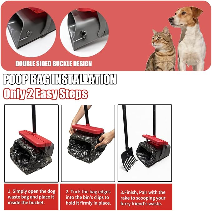 Pooper Scooper for Dogs, 46'' Long Handle Large & Small Breeds, Yard & Outside Waste Pickup, Rake with Bag Attachment & Holder, Litter Scooper, 100 Pet Waste Bags, Pet Supplies & Dog Accessories