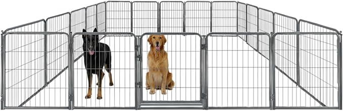 Indoor Dog Playpen - 40 inch, 20 Panels for Medium and Large Size Dogs - Play Pen w/Extra Wide Gate - Heavy Duty Metal Portable Pet Fence with Grey Anti-Rust Coating