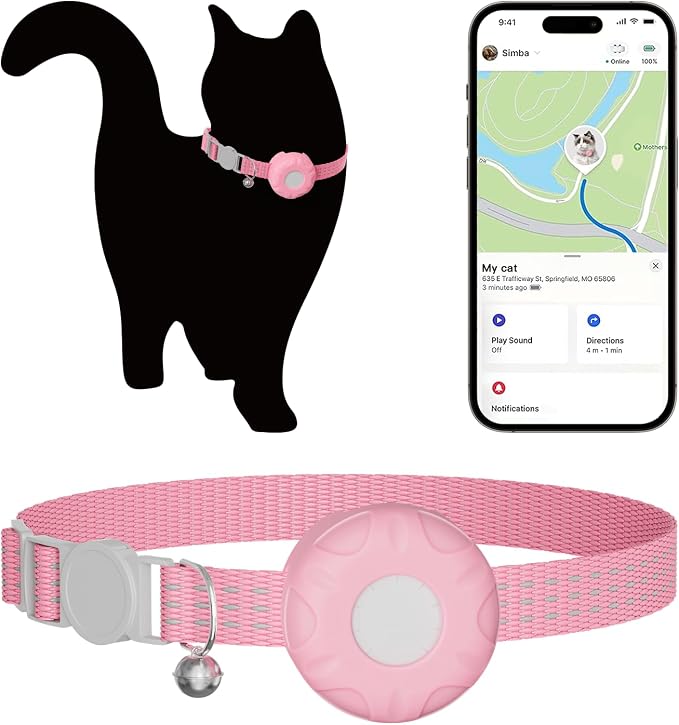Cat Tracker, GPS Tracker, Pet Tracker Compatible with Apple Find My App(Only iOS), Waterproof Cat Trackers Collar with Bell and Safety Elastic Buckle,No Monthly Fee, Smart Alerts, Pink