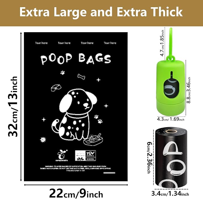 100% plant-based Dog Poop Bags Rolls, ASTM D6400 & EN 13432 Compliant, 240 Poop Bags including dispenser, 13 in × 9 in black poop bags for dogs, Super thick 100% leak proof