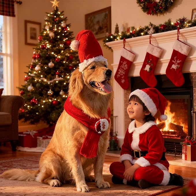 Large Dog Christmas Santa Hat and Scarf Set, Large