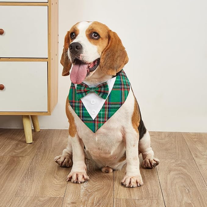 Adjustable Green Plaid Christmas Dog Tuxedo Bandana with Bow Tie, Medium, XS, Green