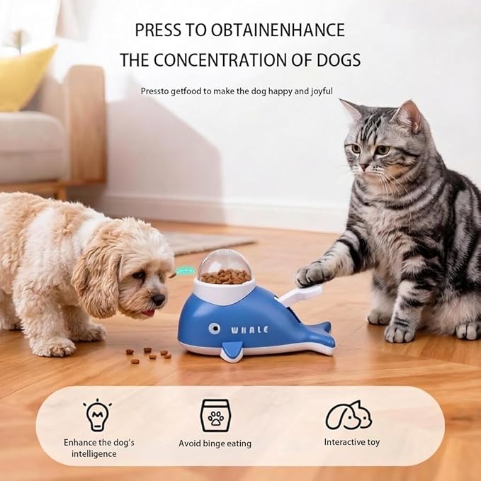 Interactive Dog Treat Dispenser Toy, Whale Shape Puzzle Feeder with Press Button and Rotating Design, Blue and White, Slow Feeding Game for Dogs and Cats