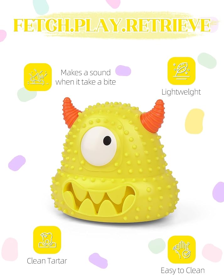 Squeaky Monster Dog Toy, Soft Latex Interactive Toy, Keep Them Busy Tug of War Birthday Dog Chew Toy for Small to Medium Dogs (Yellow)