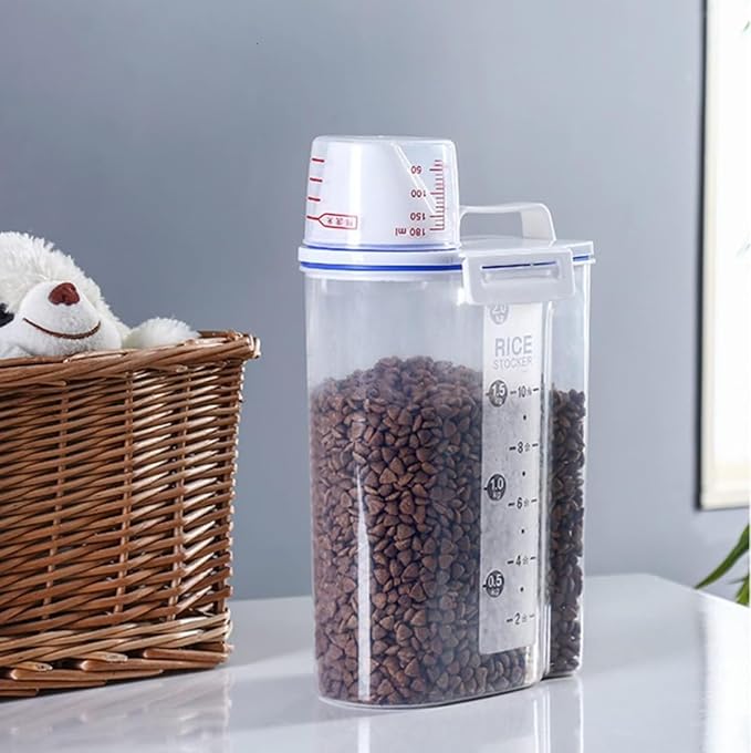 GAORUIFENG 2pcs Pet Food Storage Container for Cats and Dogs, Food Storage Container with Measuring Cup, Airtight, Vacuum, Lightweight, 2L