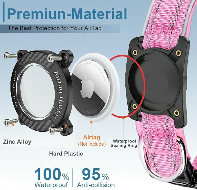 Upgrade Dog Collar with AirTag Holder, IP68 Waterproof, Pink, M | 1000D Nylon, Reflective Stitching for Night Visibility, Adjustable Soft Padded, Ultra-Durable, for Small Medium Large Dogs