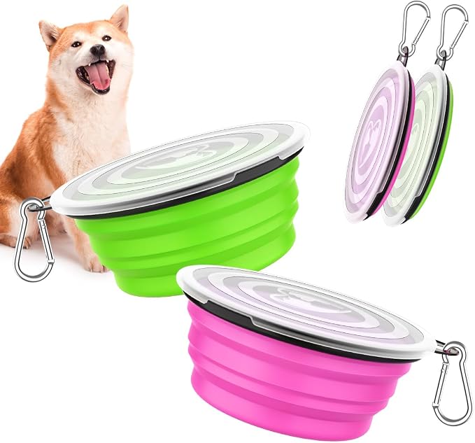 Pawaboo Collapsible Dog Bowls, 2 Pack, 1000ml, Pink + Green