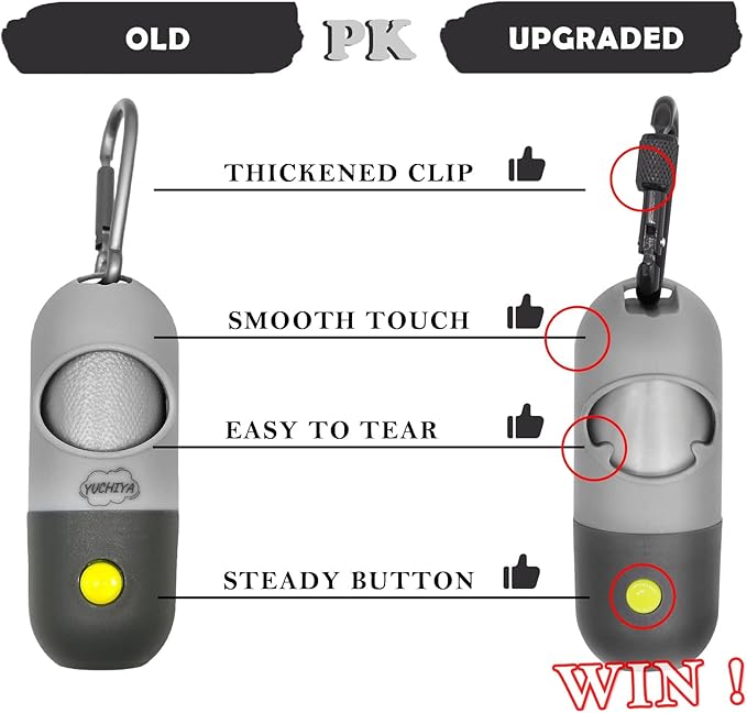 Dog Poop Waste Bags Holder with LED Flashlight|Cute Doggie Poo Bags Dispenser for Pet Leash|Trash Waste Bags Carrier with Potty Clip Fastener LR44 Button Cells Included (Grey, 2 Holder 30 Bags)