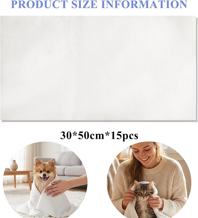 Disposable Pet Bath Towel,15 PCS Portable Pet Grooming Towels,11.8 x 21.6 inch Convenient Pet Cleaning Towel Pet Drying Towels,Absorbent Bath Towel for Small Dog Puppy Cat, White
