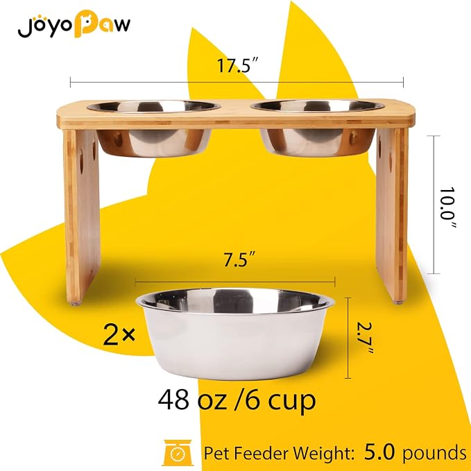 Elevated Dog Bowls, Bamboo Raised Dog Bowl for Large Dogs & Medium Dogs, with 2 Stainless Steel Bowls (10'' Tall–48 oz Bowl)