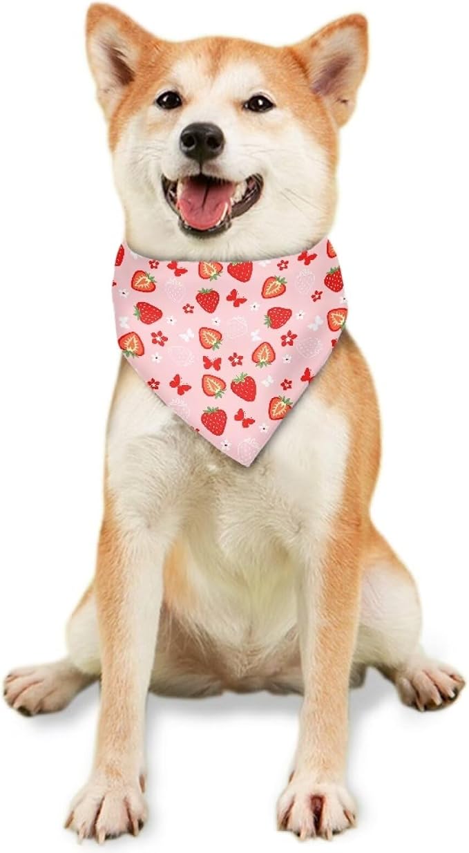 Forchrinse Strawberry Butterfly Flower Dog Bandanas Triangle Dog Bib Scarf, Medium, Polyester, Strawberry Butterfly Flower
