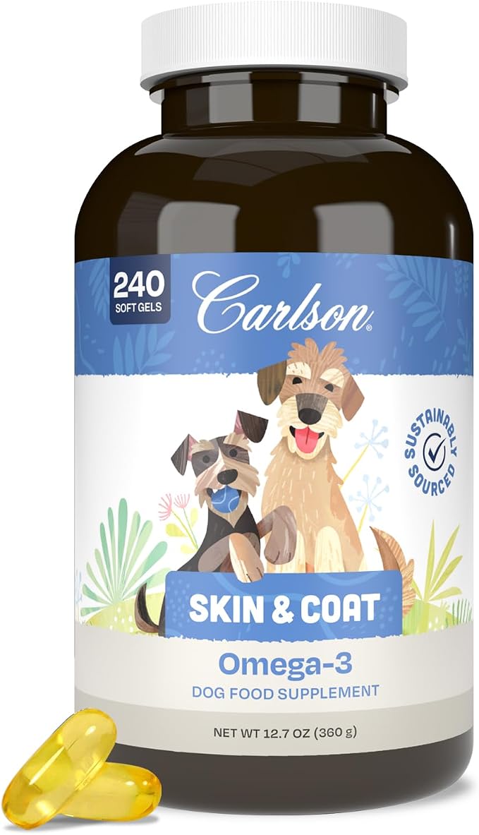 Carlson Omega-3 Fish Oil Soft Gels for Dogs, Supports Skin & Coat, Joint & Heart Health, Dog Supplement, 240 Soft Gels