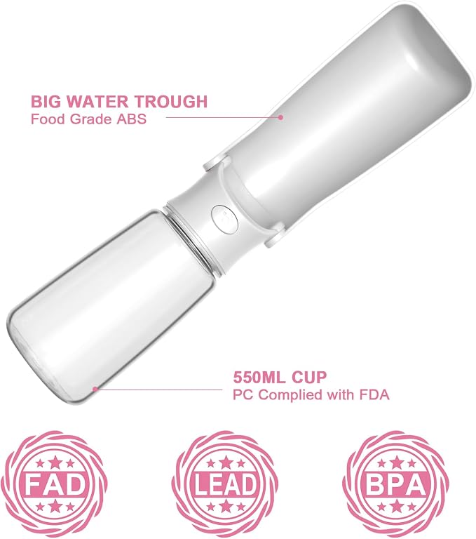 Portable Dog Water Bottle, Foldable, 19oz, White