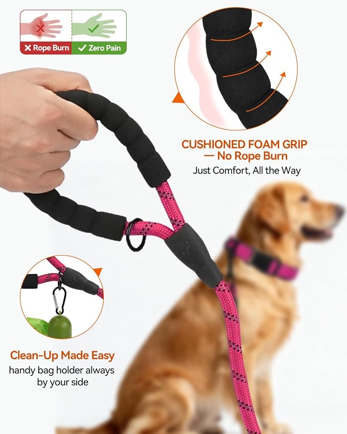 Joytale Rope Dog Leash for Medium Large Dogs, Padded Handle, 6FT, Hot Pink | Reinforced Nylon Webbing, Comfort Grip Eases Hand Strain, Swivel Clip Prevents Tangles, Visible at Night, for Outdoor Walks