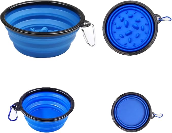 Pet Blue Collapsible Double Bowl Set, Slow Feeder, Blue