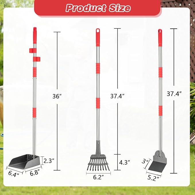 FUSBUNTY Pooper Scooper, Long Handle Dog Pooper Scooper, Heavy Duty Stainless Steel Rake with Tray & Spade Set for Pet Waste Removal, for Grass, Dirt or Gravel