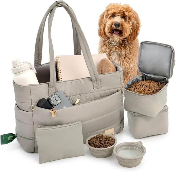 rubyloo Puffer Dog Travel Bag with Bowls & Food Storage, Khaki