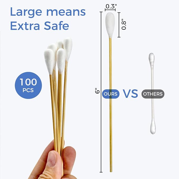 GOLD HONEY 6 Inch Large Cotton Swabs, 100pcs, Bamboo Handle