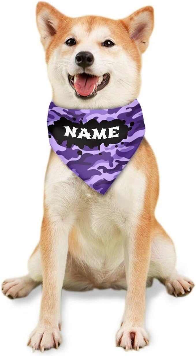 Jeiento Purple Camo Dog Bandanas Fall Thanksgiving Dog Cat Bibs Personalized Custom Name Pets, Small, Polyester, Purple