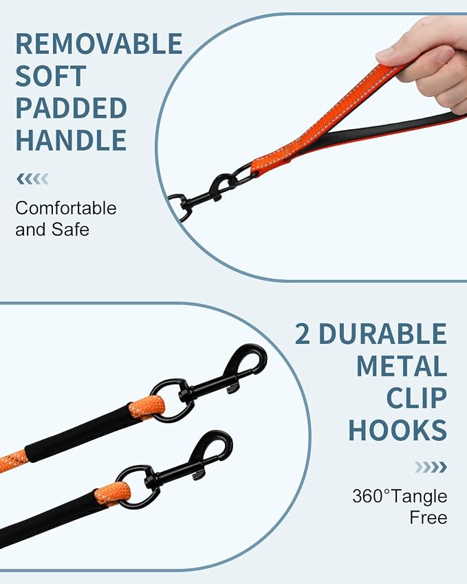 Taglory Long Dog Leash with Removable Padded Handle Tie Out, 15/30/50/66FT Heavy Duty Training Leash with 2 Swivel Hooks for Large Medium Small Dogs Camping, Hiking, Walking, Backyard, Orange, 15FT