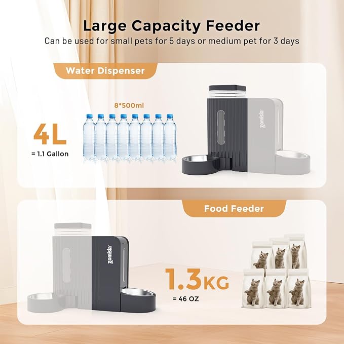 ZOMISIA Gravity Cat Food and Water Dispenser Set with 304 Stainless Steel Bowls, 2 in 1 Automatic Cat Feeder with 180 Degree Rotatable Water Bowl, Large Capacity for Puppy Kitten Rabbits, Grey