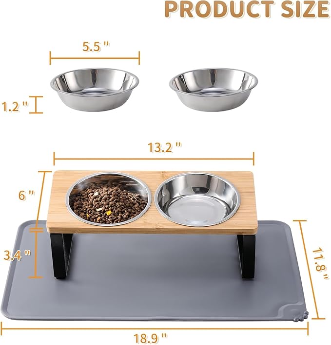 2 Pack Elevated Cat Bowls with Food Mat,15°Tilted Stand Anti Vomiting Raised Cat Dishes for Food and Water,2 Stainless Steel Bowls for Cats and Puppy