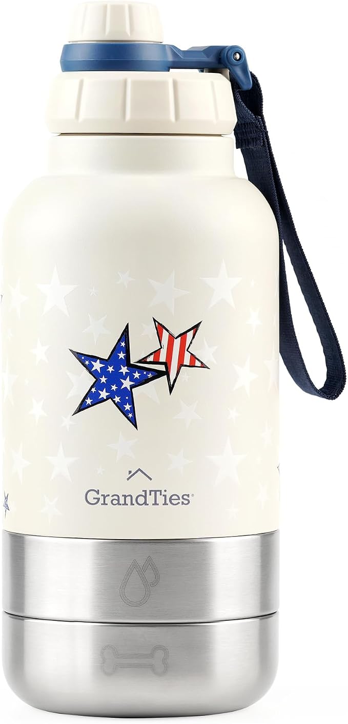 GrandTies Insulated Portable Dog Water Bottle with 2 Detachable Bowls, 32oz (950mL), Patriot