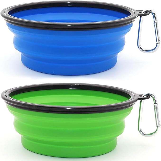 Large Dog Bowl Collapsible, 2 Pack, with Carabiners, Large, Blue+Green