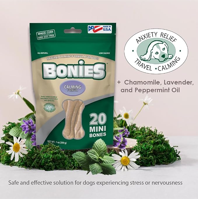 Green Pet Organics BONIES Natural Calming Formula Dog Treats - Contains Chamomile & Lavender, Help Anxiety, Excessive Barking & Trembling, Chicken Flavor, Large, 5 Bones