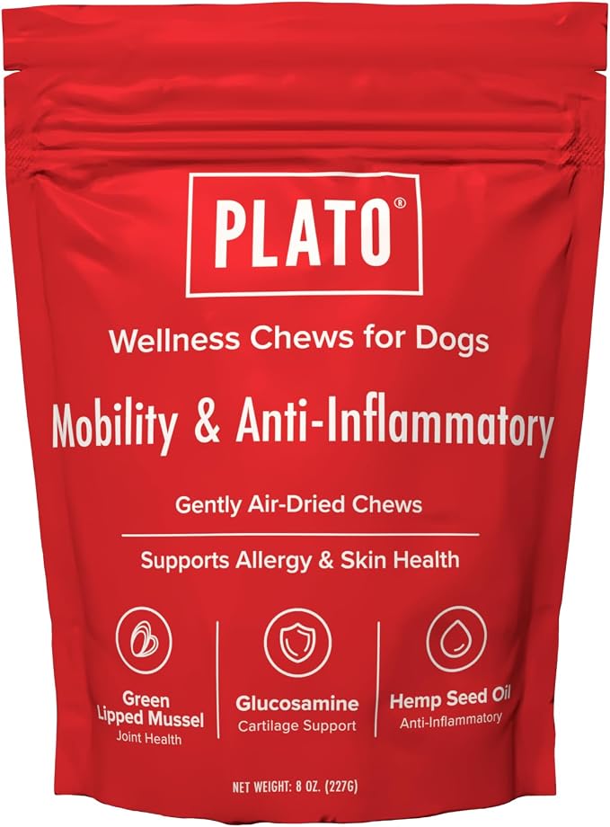 PLATO Pet Treats Air-Dried Wellness Chews for Dogs – Functional Dog Chews – Supports Mobility & Joint Health – Green-Lipped Mussel, Glucosamine & Hemp Seed Oil Recipe 8oz