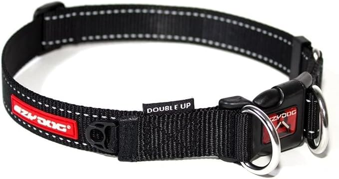 EzyDog Double Up Dog Collar, Strong Double D-Rings - Large, Black | Dual D-Rings for Superior Strength, Safety, and Comfort, Soft Touch Nylon Webbing, Reflective Stitching, Id Attachement Point