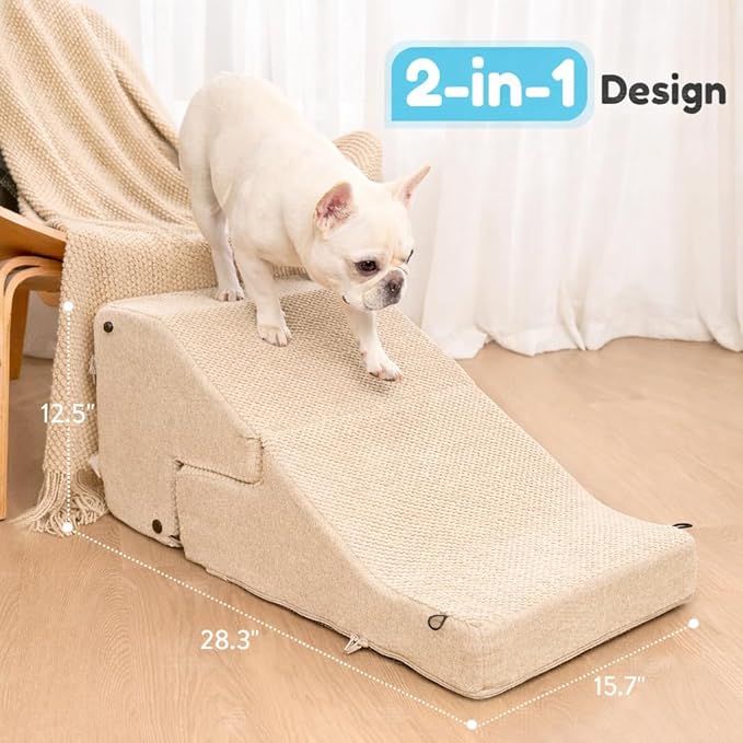 5-Step Dog Stairs and Ramp for Small Dogs and Cats, Pet Steps for High Bed with Non-Slip Bottom, Beige