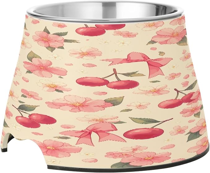 Blueangle Elevated Dog Bowls with Stainless Steel - Non-Slip 2.3 Cup High Capacity Pet Dish for Spinal Health & Cherry with Bow Design（13）