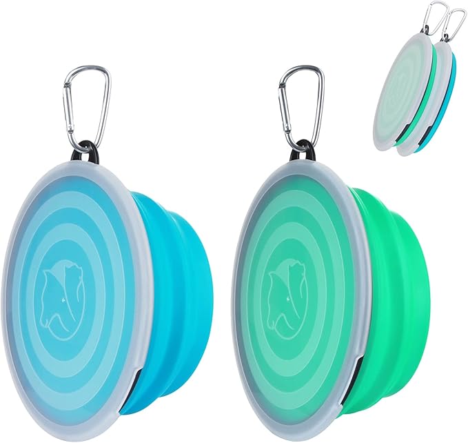 SLSON Dog Bowls Collapsible with Cover Lids, 2 Pack, Light Blue and Green, Large