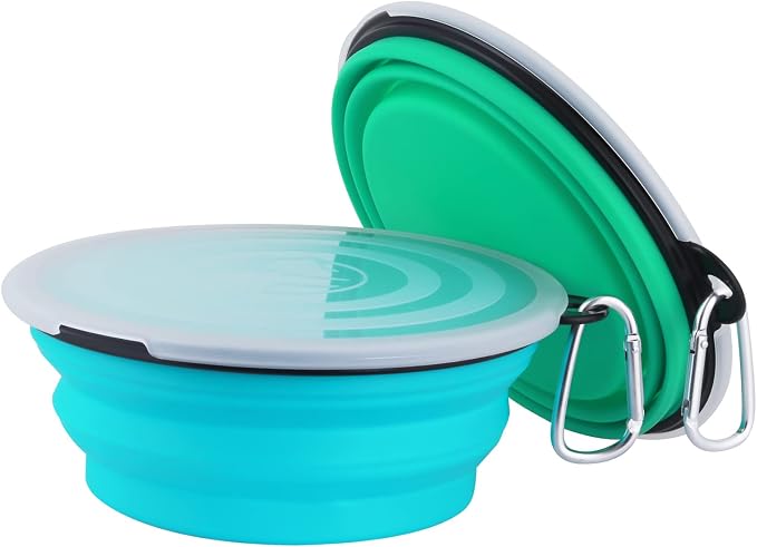 SLSON Dog Bowls Collapsible with Cover Lids, 2 Pack, Light Blue and Green, Large